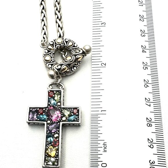 Samuel Benham Necklace Sterling Silver 18K Gold Multi Gemstone Cross Pendant - Picture 6 of 6